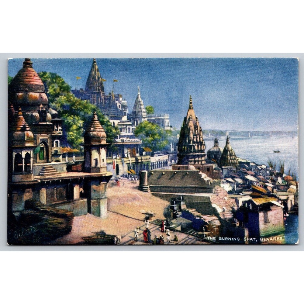 India Postcard The Burning Ghat Benares Varanasi Raphael Tuck Oilette 7239 Vtg